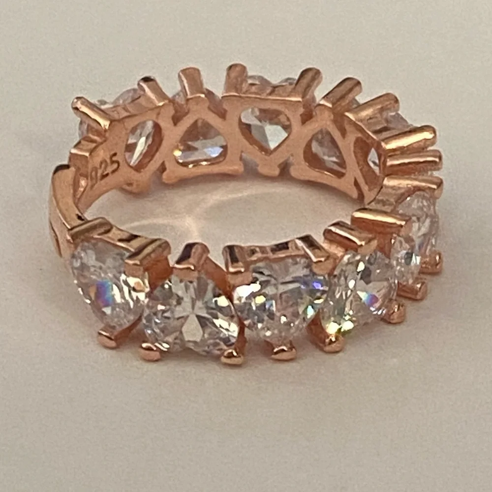 925 Silver heart ring 6-6.50 size adjustable band cz stones 14k rose gold plated